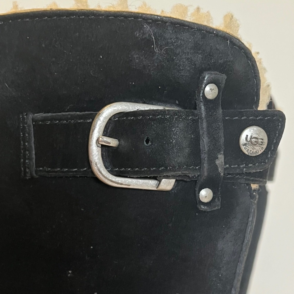 UGG Australia Boots Womens 8 Black Suede Shearling Lined Buckle Moto Lug Sole - Picture 4 of 13